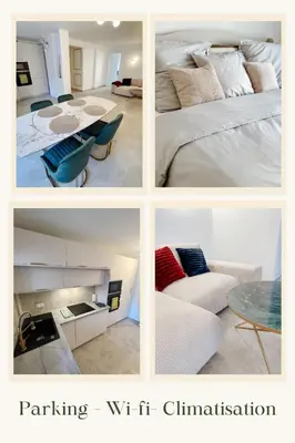 a collage of pictures of a bedroom and a living room at Appartement de luxe climatisé, parking & 2 balcons in Villefranche-sur-Mer