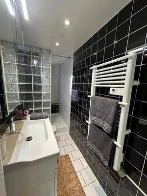 a bathroom with a white sink and black tiles at Appartement Centre Ville de Nice in Nice