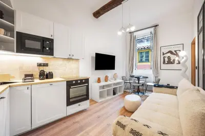 a living room with a couch and a kitchen at Beautiful apartment, old nice in Nice