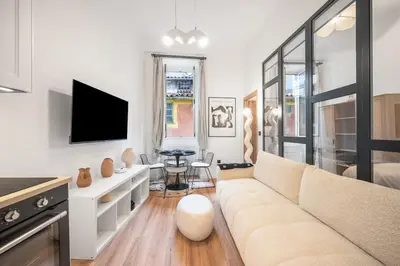 a living room with a couch and a tv at Beautiful apartment, old nice in Nice