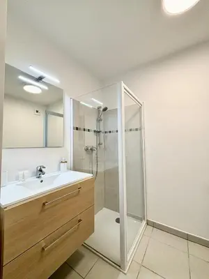 a bathroom with a shower and a sink and a mirror at Nid douillet rénové et tramway à 1 min in Nice