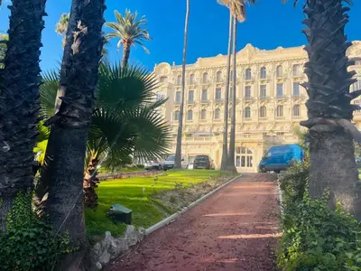 a palm tree lined street in front of a building at Appartement avec Terrasse - Palais Historique à Nice in Nice