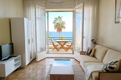 a living room with a couch and a view of the ocean at Charming T1 with terrace and sea view in Nice