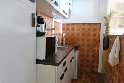 a kitchen with a sink and a microwave at Charming T1 with terrace and sea view in Nice
