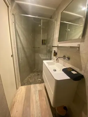 a white bathroom with a shower and a sink at Cosy Studio Promenade in Nice