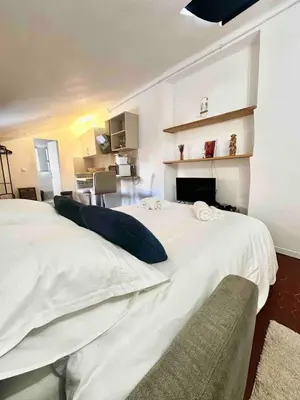 a bedroom with two white beds and a fireplace at Charmant studio Vieux Nice in Nice