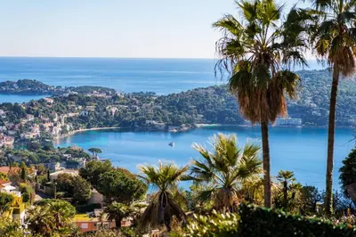 a view of a large body of water with palm trees at Elegance, serenite et vue exeptionnelle sur la rade in Villefranche-sur-Mer