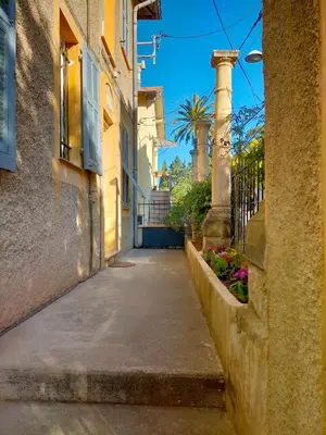 an alley with a palm tree and a building at L'Essentiel à Nice in Nice