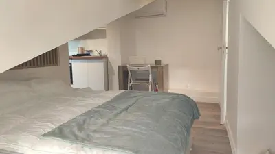 a bedroom with a bed and a desk with a chair at Gubernatis centre ville in Nice