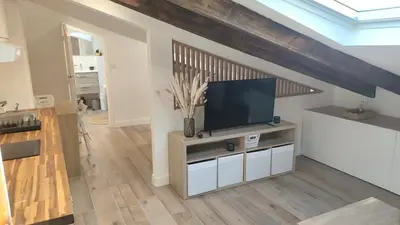 a living room with a flat screen tv on a entertainment center at Gubernatis centre ville in Nice
