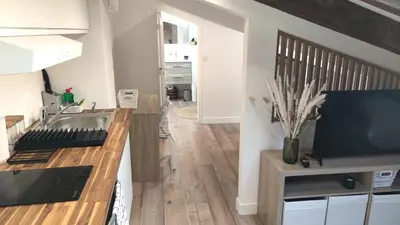 a kitchen with a sink and a counter with a tv at Gubernatis centre ville in Nice