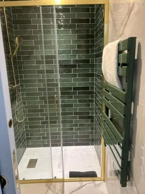a shower with a glass door in a bathroom at MASSENA 36 in Nice