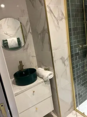 a bathroom with a shower with a sink and a mirror at MASSENA 36 in Nice