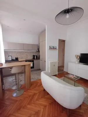 a living room with a table and a white couch at Studio Centre-Ville Nice in Nice