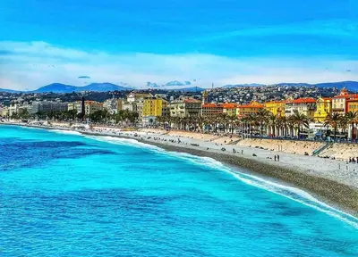 an aerial view of a beach with palm trees and buildings at Appartement à 5 min de la plage Soleil & Confort in Nice