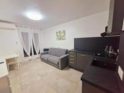 a kitchen and living room with a couch and a table at appartement 1 pégurier in Nice