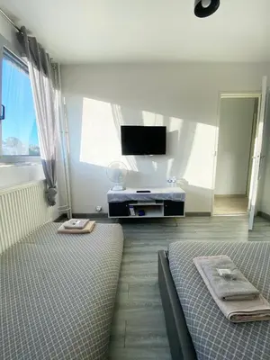 a bedroom with a bed and a tv and a bed sidx sidx sidx at Bel Appartement 2 pièces - 10min de la mer in Nice