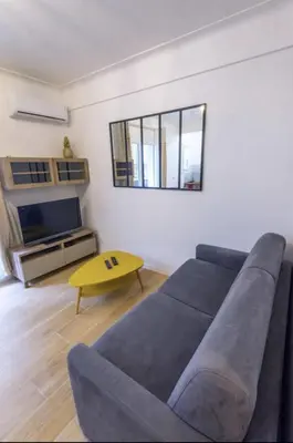 a living room with a couch and a table at Charmant studio rue Hérold - Wifi, AC, 2pers in Nice