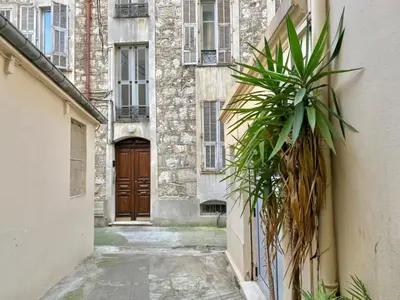 an alley with a door and a plant next to a building at Iconic Central Flat in Nice