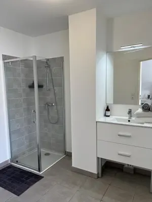 a bathroom with a shower and a sink at Cosy Apartment Vauban in Nice