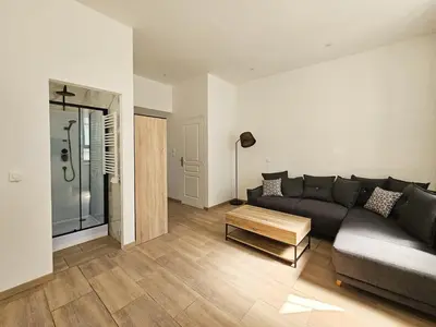 a living room with a couch and a table at Joli studio rénové en centre-ville proche tramway in Nice
