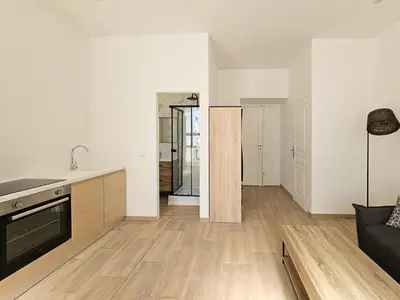 a kitchen and living room with white walls and wooden floors at Joli studio rénové en centre-ville proche tramway in Nice