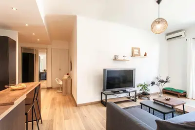 a living room with a couch and a television at #37 1BDR Bagatelle, Promenade, sea front Balcony & AC in Nice