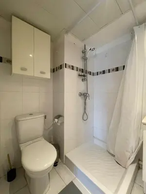a white bathroom with a toilet and a shower at Perfect Studio Nice Beach Airport in Nice