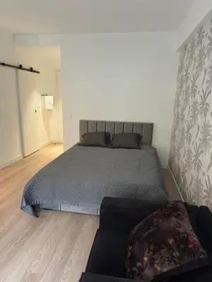 a bedroom with a large bed and a couch at Spacious Riviera Studio in Nice