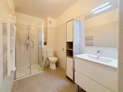 a bathroom with a sink and a shower and a toilet at Confort & Élégance - Wifi, 2 pers in Nice