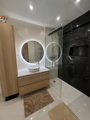 a bathroom with a sink and a shower with a mirror at 2P cosy à Nice in Nice