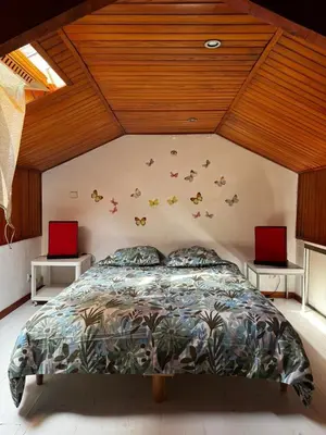 a bedroom with a bed with butterflies on the wall at Appartement cosy à Nice proche plages in Nice