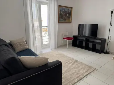 a living room with a couch and a flat screen tv at Bel appartement au calme hyper centre Nice in Nice