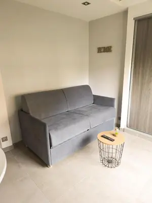 a gray couch in a living room with a table at Contemporary 2P Studio Just Steps from the Beach in Cagnes-sur-Mer