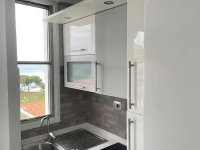 a kitchen with a sink and a window at STUDIO EN FACE DE LA PLAGE AVEC une VUE FANTASTIQUE ! in Nice