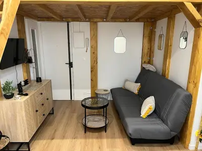a living room with a black couch and a table at Nice Cosy in Nice