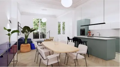 a kitchen with white cabinets and a counter top at Nice Cote d'Azur jardin parking 6 pers luxe in Nice