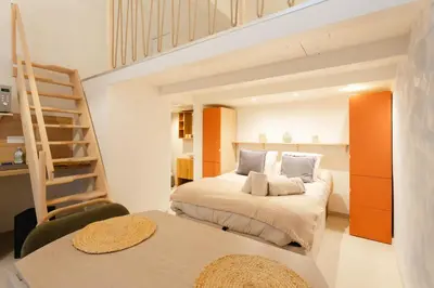 a bedroom with a bunk bed and a ladder at New- Cozy apartment -4 guests - Air conditioning in Nice