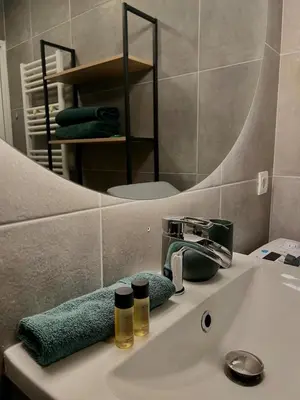 a bathroom sink with a mirror and a green towel at Studio élégant avec balcon près de la plage à Nice in Nice