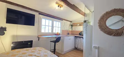 a small kitchen with a sink and a table in a room at Studio Cosy avec vue sur Montagnes, proche Gare in Nice