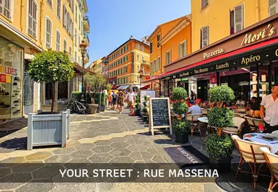 a street with tables and chairs and people walking down the street at Nestor&Jeeves - COZY CLOUD - Central - Near Beach in Nice