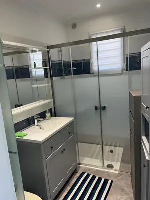 a bathroom with a shower and a sink at Loft 43 in La Trinité