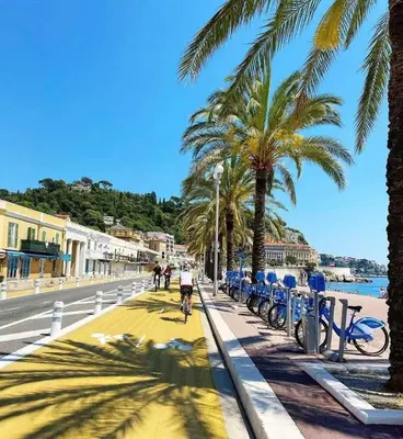 a person riding a bike down a street with palm trees at Villa Monique-Parking free in Nice