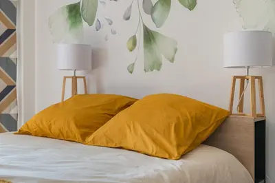 a bedroom with a bed with two blue pillows at Magnifique T3 wifi, garage et climatisation à 5 min de la plage in Beaulieu-sur-Mer