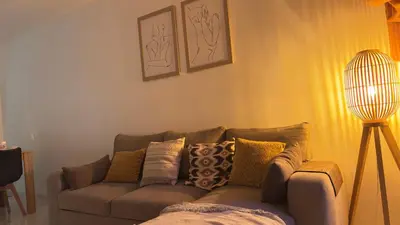 a living room with a couch and a lamp at Grand 2 pièces avec grande terrasse à 15mn Centre-ville, Gare et Promenade des Anglais in Nice