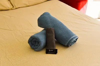 a blue stuffed animal sitting on a bed at Studio avec terrasse à Nice in Nice