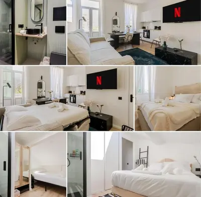 a collage of photos of a room with two beds at Fancy 3BR Duplex Near Nice Port & Old Town | By Airnest in Nice