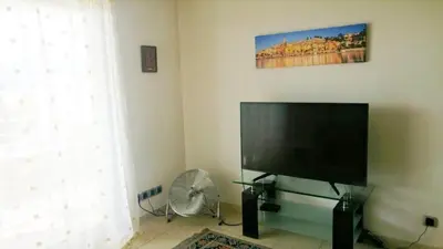 a living room with a flat screen tv and a fan at Entire Condo in Nice in Nice