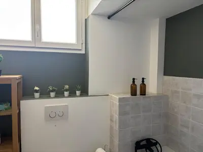 a bathroom with a shower with potted plants at 3-R bright, beach within 15 min walk in Nice
