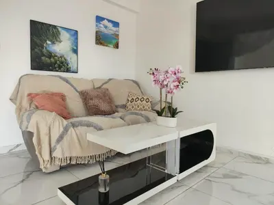 a living room with a couch and a tv at Spacieux 3 chambres et balcon in Nice